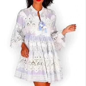 Antica Sartoria Blue and White Cotton Lace Trimmed Embroidered Peasant Dress L